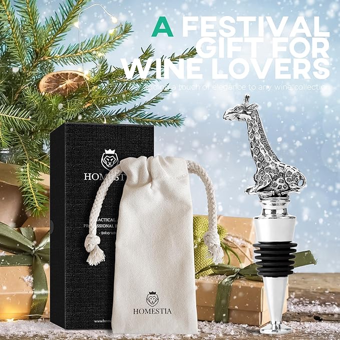 Homestia Wine Stoppers for Wine Bottles, Giraffe Wine Beverage Bottle Stopper, Stainless Steel Reusable Wine Corks with Silicone Seal, Bottle Cover Leak proof Keep Fresh