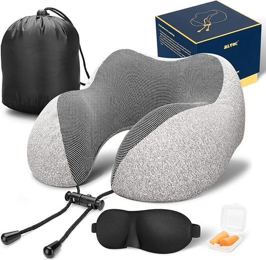 MLVOC Travel Pillow 100% Pure Memory Foam Neck Pillow, Comfortable & Breathable Cover, Machine Washable, Airplane Travel Kit with 3D Sleep Mask, Earplugs, and Luxury Bag,Standard (Grey)
