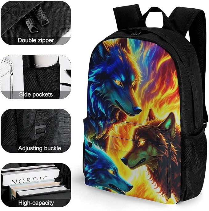 Supdreamc Men Women Lightweight Ice And Fire Flaming Cool Wolf Casual Daypack Big Capacity Bookbag With Padded Straps for Gym Travel Walking Cycling