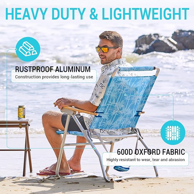 #WEJOY Folding Beach Chair for Adults, 4-Position Aluminum Lightweight Beach Chair, Low Sands Chairs with Shoulder Strap, Cup Holder and Padded Headrest, Supports 265lbs for Lawn