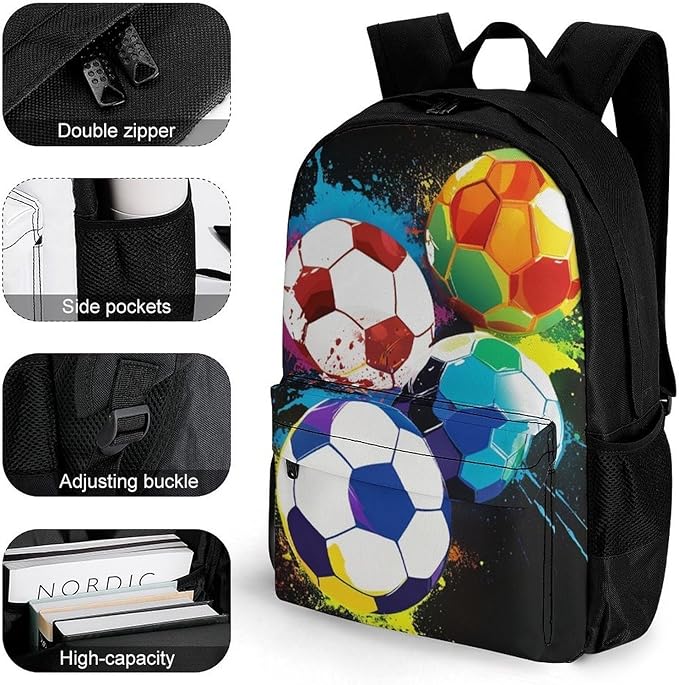 Supdreamc Men Women Lightweight Colorful Paint Splash Ink Soccer Ball Football Black Backpack Large Capacity Bookbag With Smooth Zippers for Gym Business Running