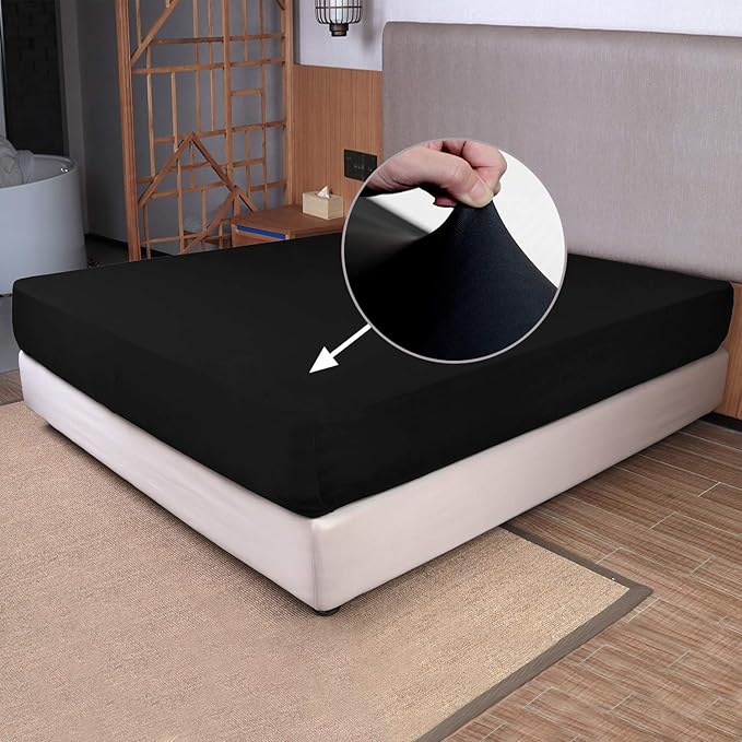 Full Size Fitted Sheet Only - 4-Way Stretch Knit, Snug Fit, Wrinkle Free & Stay in Place, No More Slipping Off for Mattress, Soft & Comfortable - Black, Full