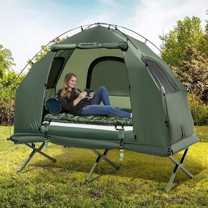 KOTEK 5-in-1 Tent Cot with Air Mattress, Sleeping Bag, Pillow, Canopy, Zippered Mesh Windows & Carry Bag, Elevated Tent for Camping, Hiking, Traveling, Picnic