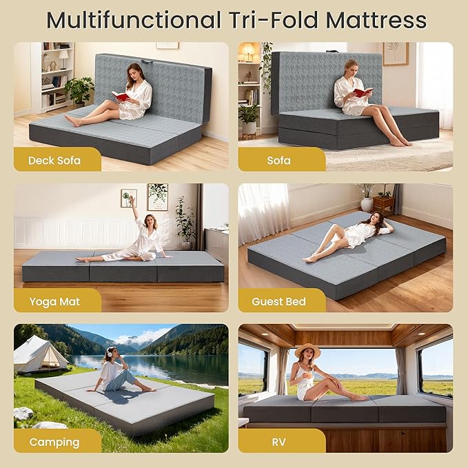 Tri Folding Mattress Twin Size - 6 Inch Dual-Layer Memory Foam Foldable Mattress Portable Futon Sofa Bed with Removable Washable Cover, Handle & Non-Slip Bottom for Guest, Camping, RV, Yoga, Home Use