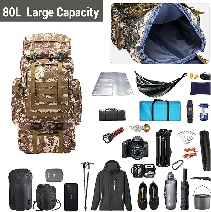 JUMAHE 80L 2-Pack Hiking Backpack for Men with Sling Tactical Backpack - Rucksack Molle Military Tactical Waterproof Lightweight Camping Backpack 3 Day Assault Pack for Travel, Climbing, Backpacking