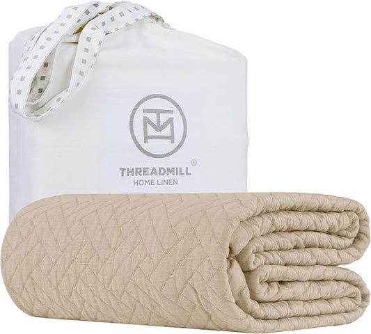 Threadmill Luxury Cotton Blankets for Queen Size Bed | All-Season 100% Cotton Queen Size Blanket | Criss Cross Jacquard Cozy Lightweight, Soft Breathable Coverlet fits Full Size Bed, 90x92 | Beige