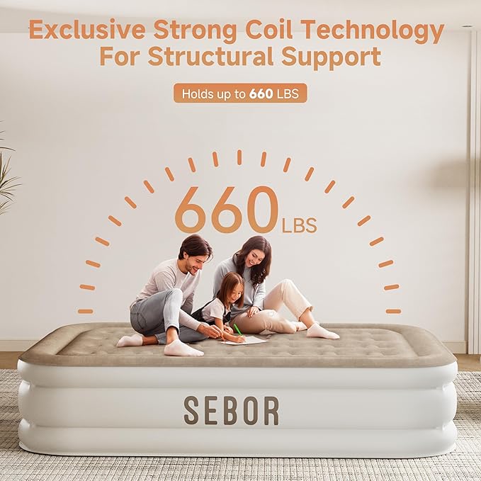 Sebor Air Mattress Queen with Built-in Pump 18", Comfortable Self-Inflating Air Mattress with High-Speed Pump, Durable Blow Up Mattress Queen with Storage Bag for Guests, Camping, Travel