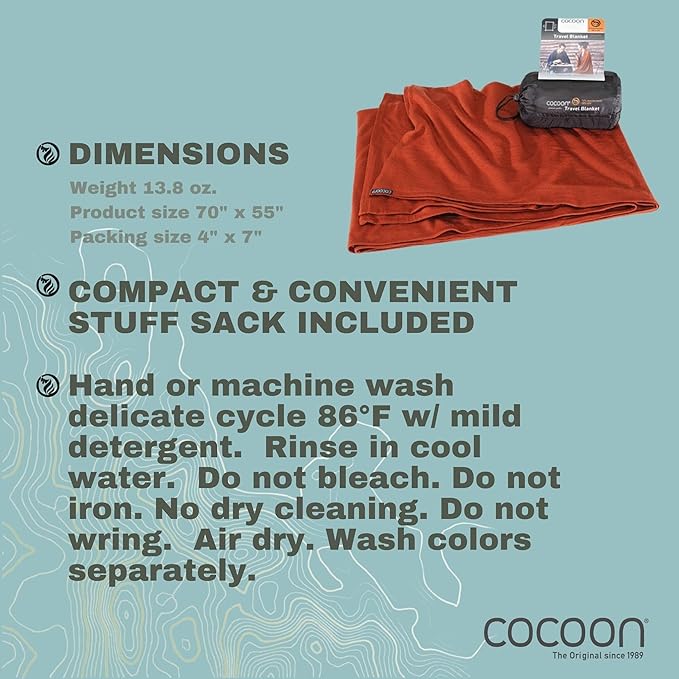COCOON - Premium - Merino Wool/Silk Travel Blanket - Cozy, Soft, Warm, Lightweight - Dark Terracotta