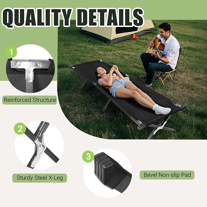 YSSOA Folding Camping Cot with Storage Bag for Adults, Portable and Lightweight Sleeping Bed for Outdoor Traveling, Hiking, Easy to Set up (Color: Black)