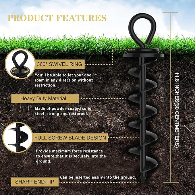 Eurmax USA Heavy Duty Dog Tie Out Stake for Large Dogs up to 210 lbs,Dog Stakes for Outside,Ground Anchor for Dog Leash,Runner Cable, and Pet Gadget Dog Accessories Trampoline Stakes 1-Pack (Black)