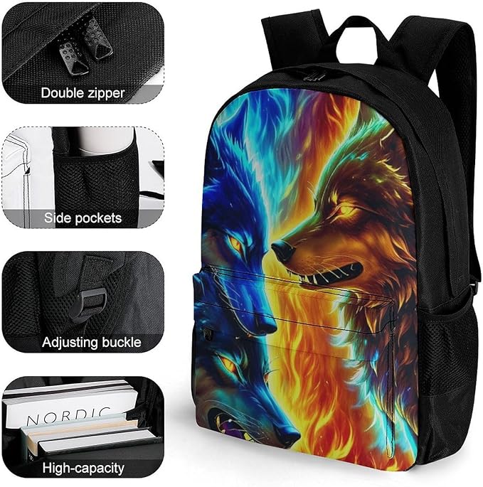 Supdreamc Rucksack Multipurpose Anti-Theft Big Capacity Shoulder Bag, Ice And Fire Flaming Cool Wolf Travel Hiking Camping Rucksack With Side Pockets
