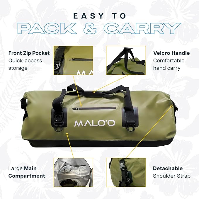 Malo’o Waterproof Dry Duffel, Heavy-Duty Roll Top Waterproof Gear Bag with Shoulder Strap & Molle Loops, Marine Duffel for Kayaking, Boating, Camping, Beach & Travel, Dark Green, 100L
