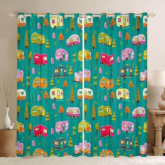 Feelyou Green Camper Camping Blackout Curtains RV Travel Trailer Darkening Drapes for Bedroom Living Room Decor Camping Theme Thermal Insulated Shades Window Treatments, 2 Panels 52 x 84 Inch