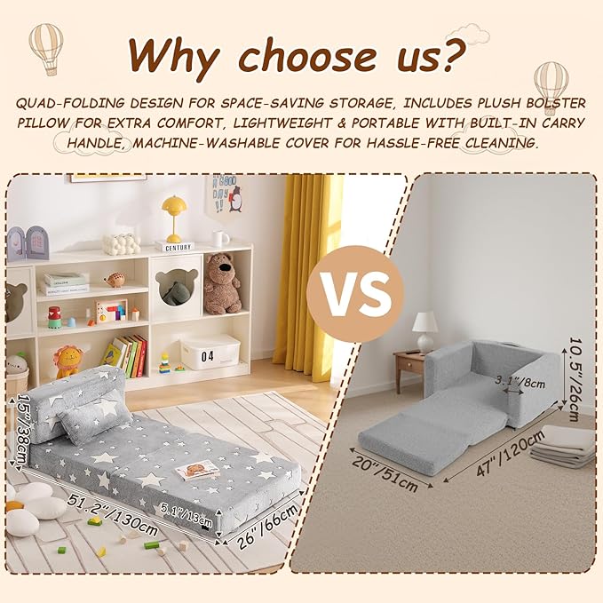 Folding Sofa Bed Floor Mattress for Kids with Pillow, Toddler Washable Glow in Dark Folding Floor Mat for Sleeping, Child Fold Up Chair Bed with Storage Bag for Playroom, Camping, Grey Star