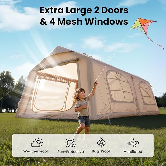 Inflatable Tents for Camping, Blow Up Tent with Hand Pump, Easy Setup Inflatable Hot Tent with Stove Jack, Waterproof Oxford Air Glamping Tents for Camping Adult 4 Person Upgrade Version