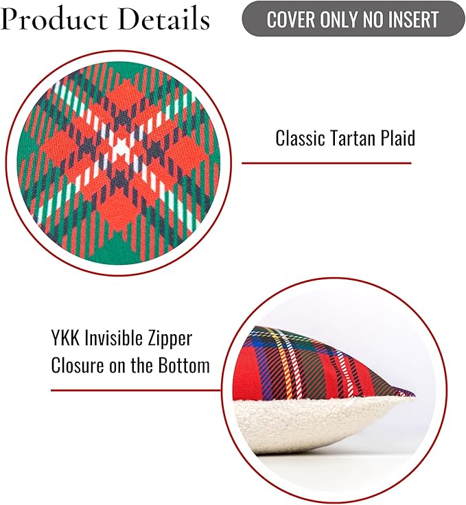 Hofdeco Premium Classic Christmas Holiday Winter Heavy-Weight Canvas Decorative Lumbar Pillow Cover ONLY for Couch, Sofa, Bed, Scottish Tartan Plaid with Sherpa Back, Red, 12"x20"