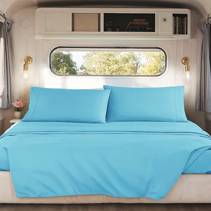 Hearth & Harbor Short Queen Sheets for RV, Bright Blue RV Queen Sheets, Silky Soft 1800 Microfiber Bed Sheet for Camper, 4 Piece RV Bedding with Pillowcases