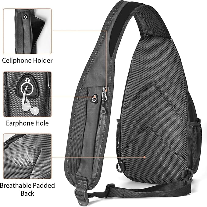 Sling Bag for Mens Crossbody Bag Travel Sling Backpack Hiking Daypack Chest Bag Shoulder Bag, Large Cross Body Bag with Chest Phone Holder Black&Grey