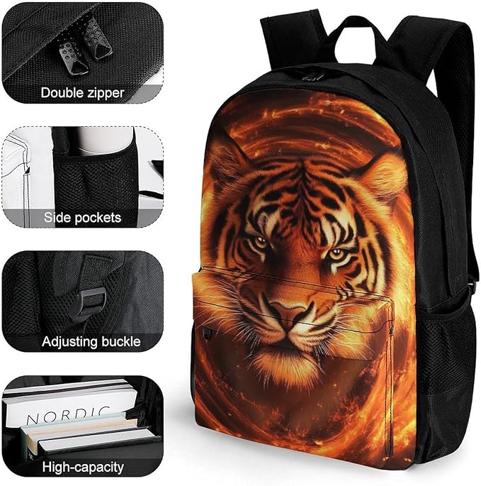 Daypack Backpack Multipurpose Anti-Theft Large Capacity Bookbag, Wild Angry Animal King Fire Flame Tiger Travel Hiking Camping Rucksack With Adjustable Shoulder Straps
