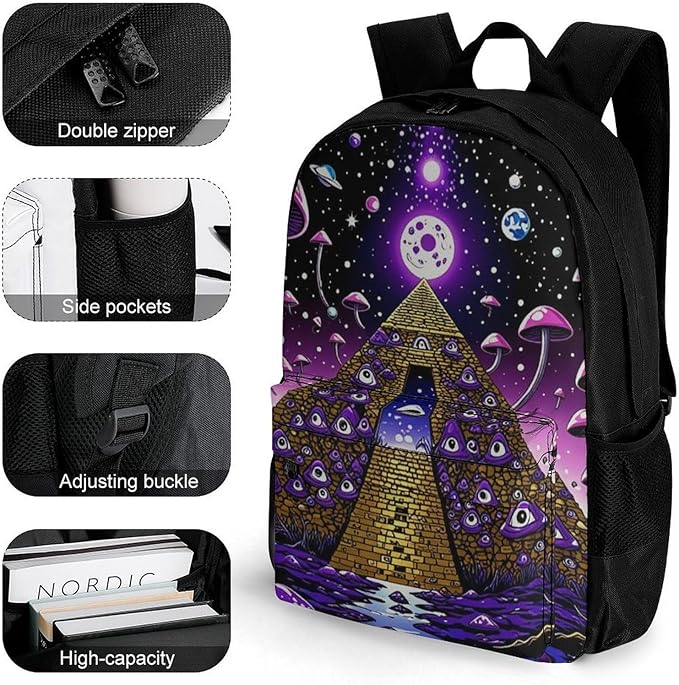Shoulder Book Bags Polyester Multipurpose Anti-Theft Psychedelic Egyptian Pyramid Eye Mushroom Art Carry On Bag Large Capacity Travel Hiking Camping Rucksack