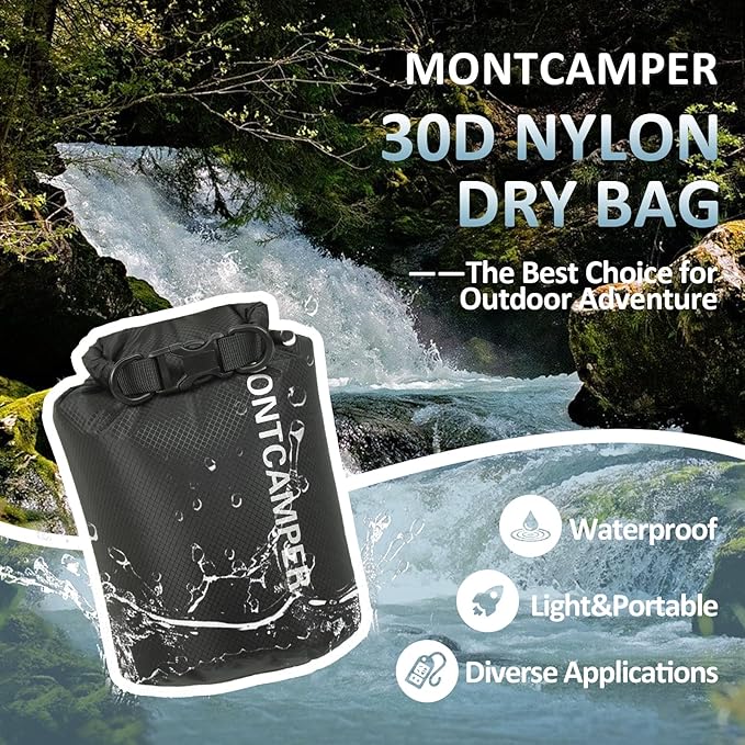 Waterproof Dry Bag 3L – 30D Nylon Roll Top Dry Sack with DWR & PU Coating, Lightweight Water-Resistant Storage for Kayaking, Camping, Hiking, Fishing & Beach (Black)