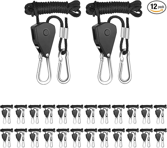 iPower 12-Pair 1/8 Inch Adjustable Rope Hanger, Heavy Duty Grow Light Hangers with Reinforced Metal Gears, 8Ft Long & 150lbs Weight Capacity for Growing Lamp, Inline Fan, Filters