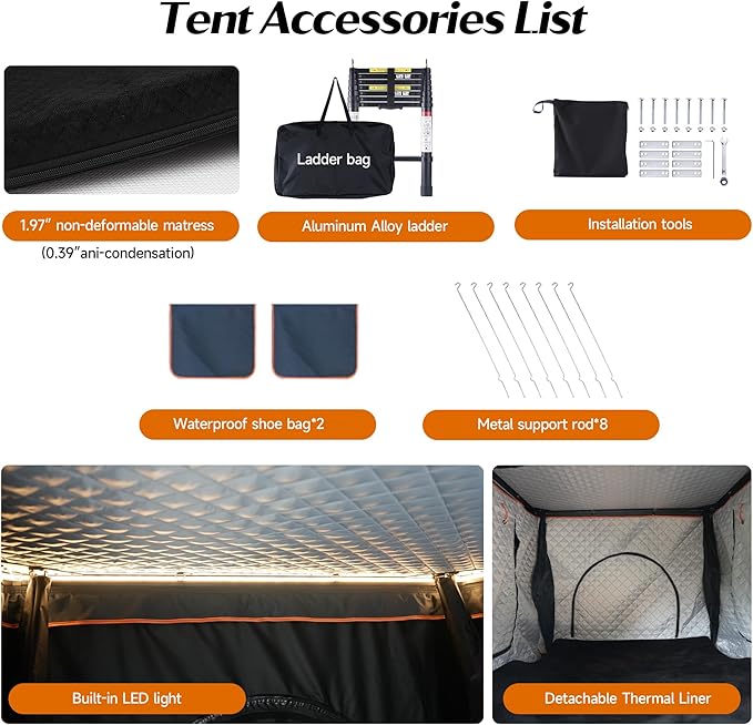 Alumnimun Rooftop Tent Hard Shell with Winter Insulation, Pop Up 2 Person Roof Top Hardshell for Camping Truck Van Suitable for Jeep SUV Car