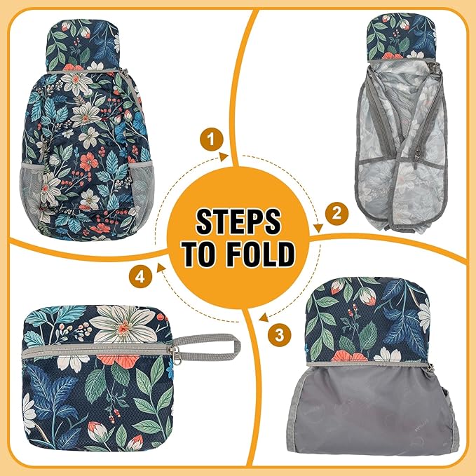 ZOMAKE Lightweight Packable Backpack,Foldable Backpacks Small Daypack for Hiking Water Resistant Day Bag for Travel(Navy blue,Floral pattern)