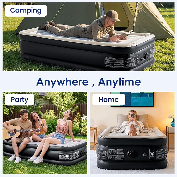 Camping Twin Air Mattress with Built-in Pump 18" Thickness 330lbs Heavy Duty Comfortable Blow up Air Mattress with Carry Bag Inflatable Foldable Flocked Top Air Bed for Travel, Home (Black & Grey)
