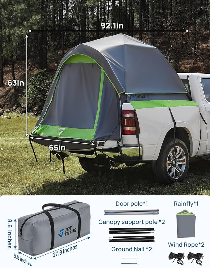 JOYTUTUS Semi-Automatic Truck Bed Tent with Awning, Easy Set-up with Pre-Assembled Design, 2 Person Portable Truck Camping Tent with Rainfly for 5.0FT-6.5FT Pickup Truck Bed, Waterproof PU2000mm