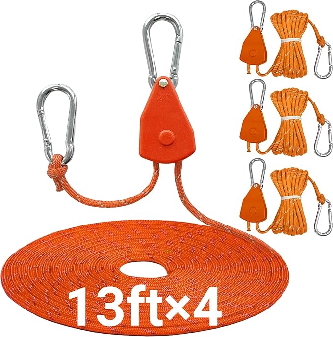 13ft Adjustable Outdoor Windproof Rope Ratchet Strap Tie Down Straps Small Mini Reflctive Paracord Rope Tent Hanger Grow Light Kayak 5/32" 4 Pack