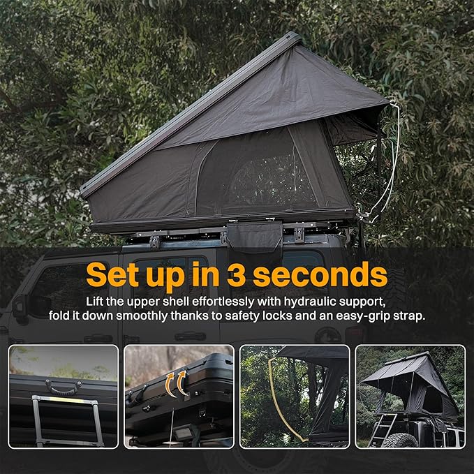 Aluminium Roof Top Tent,with Tri-Color LED Strip Light & 1.97" Thick Memory Foam Mattress,for Car Jeep SUV Truck Camping,2-3 People