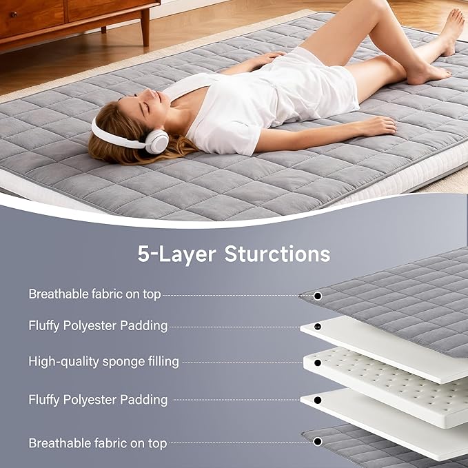 Welnow Japanese Futon Floor Mattress, Full Size Thick Tatami Mat Portable & Foldable Roll Up Floor Bed Mattress with Storage Bag, Sleeping Pad for Adults, Dorm, Guest Bed, Camping and Travel, Grey