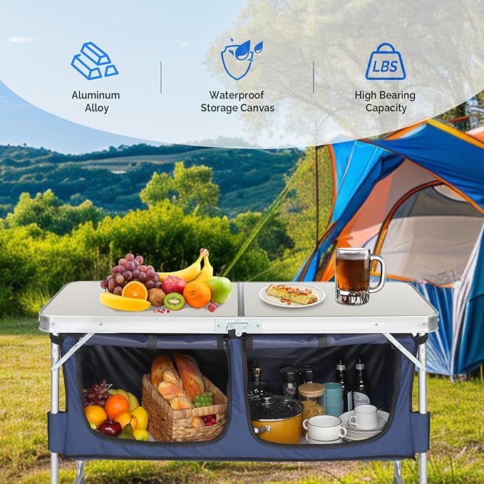 Folding Camping Table with Storage, 3 Height Adjustable, Lightweight, 4 Ft Outdoor Portable Kitchen Aluminum Table for BBQ, Picnic, Hiking, Beach, and Indoor