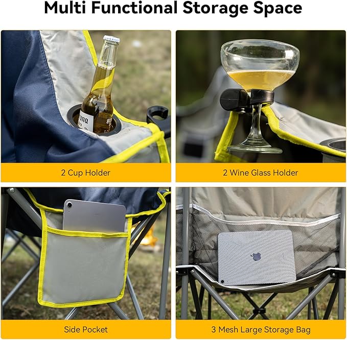 Double Camping Chair – 2-3 Person Outdoor Folding Sofa with Cup & Wine Glass Holders – Oversized Loveseat Camping Couch for Campfire, RV, Backyard – Supports Up to 660 lbs