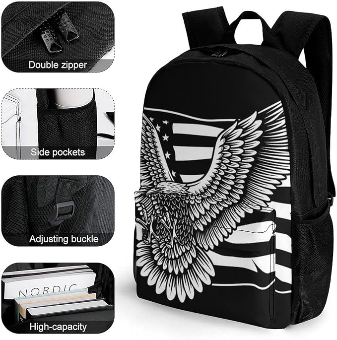 Shoulder Book Bags Anti-Theft Multipurpose Big Capacity Bookbag, Black And White American Flag Patriotic Usa Bald Eagle Pattern Travel Hiking Backpack With Smooth Zippers