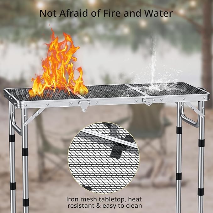 3ft Folding Grill Table with Storage Bag, 3 Adjustable Height 27.5" Aluminum Portable Grill Table, Heat Resistant, Lightweight, Portable Handle for BBQ Cooking Camping Travel, 35" X 16", Silver