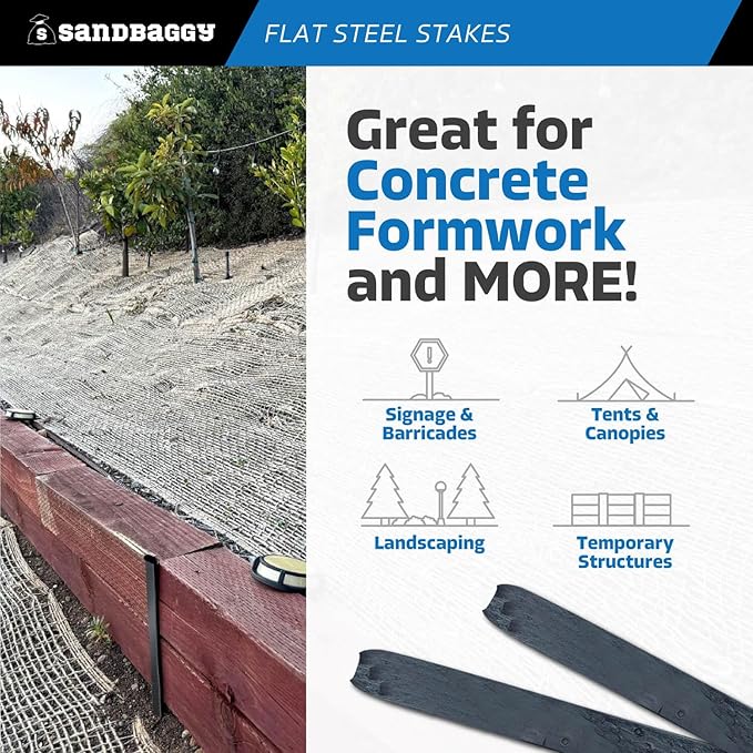 Sandbaggy Flat Steel Stakes for Concrete Forms with Nail Holes - 1.5" Wide - Painted - Removable, Reusable, V Point End - Construction Grade Stakes (10, 24 inch)