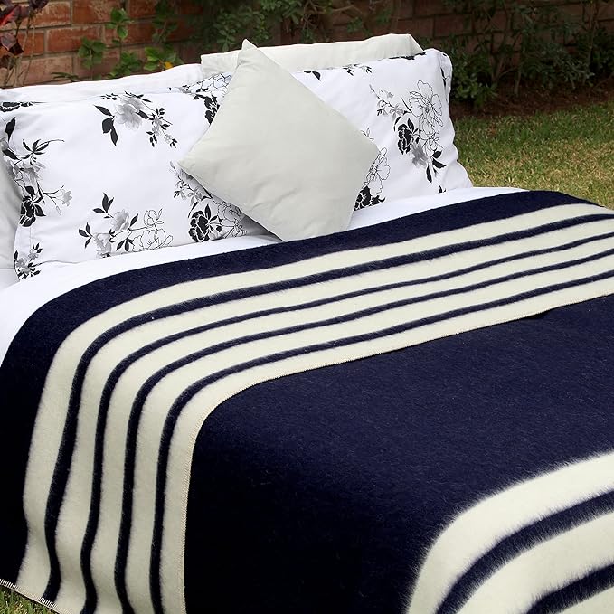 Thick Alpaca Wool Blanket Heavyweight for Camping Outdoors or Using Indoors | Soft Peruvian Alpaca Wool Blankets (Navy Blue/Ivory, Queen)
