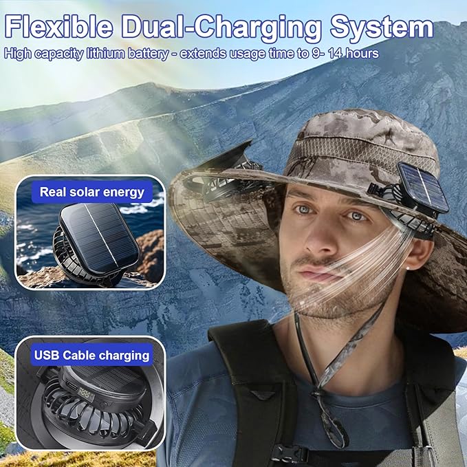 Outdoor Wide Brim Sun Hat with 2 Solar Powered Fan, Bucket Hat for Men Women, Fishing, Gardening & Beach Hat for Men