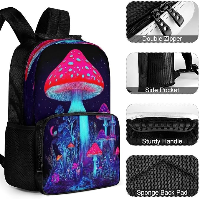 Backpack Polyester Anti-Theft Multipurpose Magic Mushroom Mushrooms Scenery Bookbag Large Capacity Laptop Book Bag Rucksack With Side Pockets