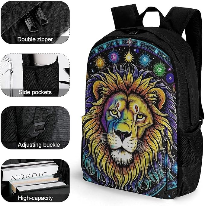 Supdreamc Lightweight Daypack Backpack for Trekking Work Running, Big Capacity Multipurpose Anti-Theft Bookbag, Fantasy Lion Sun And Moon Twelve Constellations Art Business Computer Bag