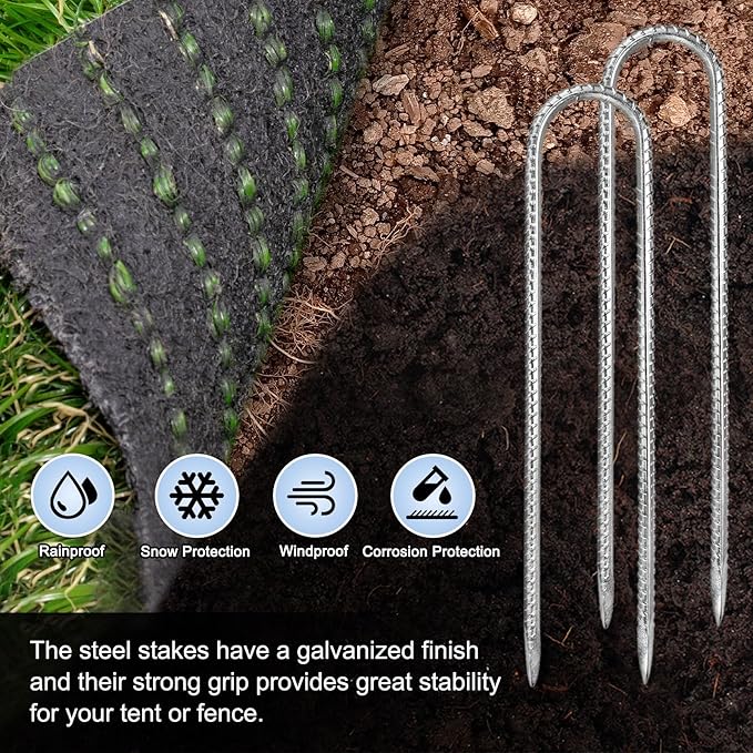 10-Pack High Duty Ground Stakes, 12 Inch U-Shape Hook Rebar Stakes Steel Metal Camping Tent Anchor for Yard Landscape/Swing Sets/Fence/Garden