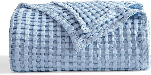 Bedsure Cooling Cotton Waffle Twin XL Blanket - Lightweight Breathable Blanket of Rayon Derived from Bamboo for Hot Sleepers, Luxury Throws for Bed, Couch and Sofa, Sky Blue, 66x90 Inches
