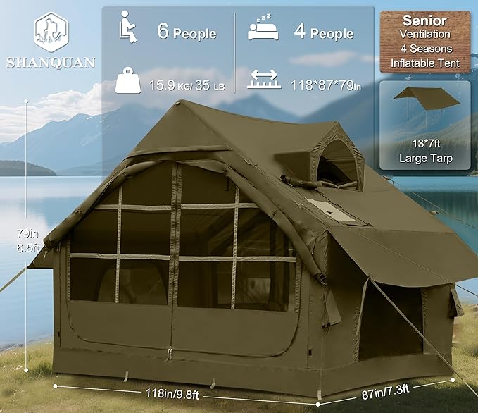 Inflatable Tents for Camping with Stove Jack, 2/4/6/8 Person Easy Setup Blow Up Tents for 4 Seasons Waterproof Inflatable Camping Tent with Awning, Air House Glamping Tents for Camping Adult
