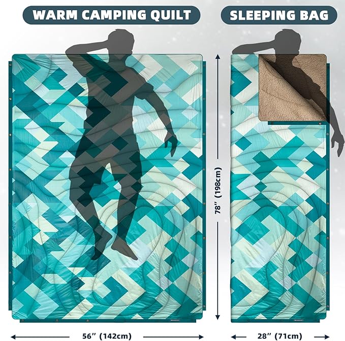 Outdoor Camping Blanket with Sherpa Lining, Extra Warm Thick Camp Blankets and Puffy Ultralight Soft Poncho DWR Camping Quilt for Cold Weather, Adventure, Sleeping, Backpacking 78"x 56"