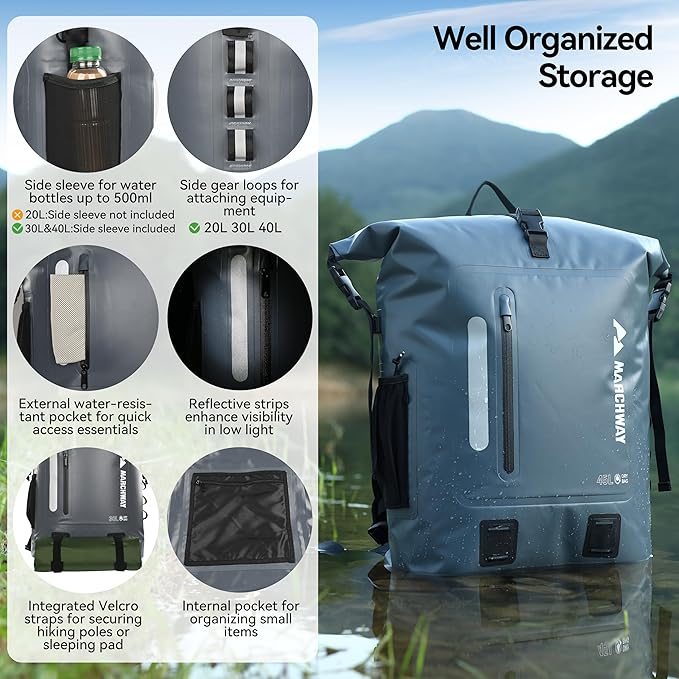 MARCHWAY Roll Top Waterproof Backpack, Floating Dry Bag 20L/30L/45L with Ergonomic Rectangular Base, Cushioned Back, Hip Strap for Hiking Camping Kayaking Travel (Grey, 45L)