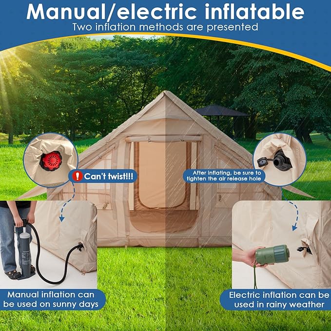 Inflatable Camping Tent Tarps for 4-6 Person, with Electric Air Pump, Extended Canopy, 4 Season Waterproof Windproof, Clear Skylight & 420D Oxford Waterproof, Air Tent with Mesh Windows/Doors