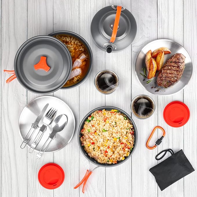 Bisgear Camping Cookware Kettle Mess Kit - Camping Cooking Set Stainless Steel 18/8 Plates Cups with Lids &Sleeves Cutlery - Camping Pots and Pans Set - Backpacking Gear Camp Accessories Equipment