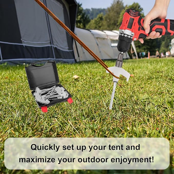 4 Pcs Tent Stakes Heavy Duty, 8 in Ground Anchors Screw in, Grow in The Dark Screw in Tent Stakes, Camping Stakes with Storage Box, Threaded Tent Spikes with Hex Head Driver and Stake Puller